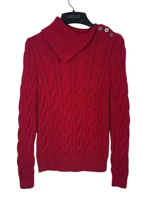 Lauren Ralph Lauren M Red Cable Knit Shawl Collar Button Shoulder Sweater Chunky thumbnail 1