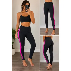 Victoria's Secret PINK Leggings Womens Large Black Pink Stripe High Rise Logo thumbnail 2