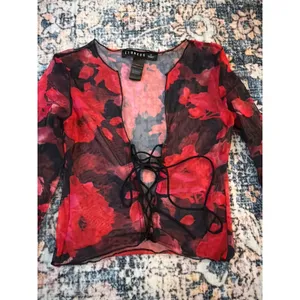 Lioness Mesh Top Women S Red Black Floral Lace Up Grunge Goth‎ Y2K Romantic thumbnail 6