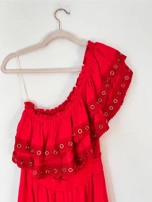 MISA Los Angeles Safa Red One Shoulder Ruffle Maxi Dress Women's XS $400 thumbnail 3