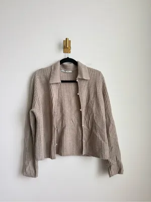 Abercrombie & Fitch Taupe Ribbed Knit Collared Pearl Button Cardigan Size S thumbnail 5