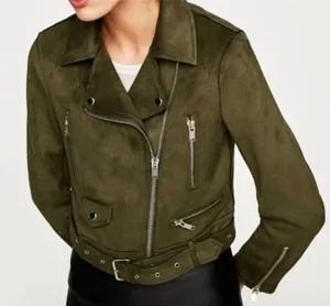 Zara Belted Suede Effect Biker Jacket Olive Military Moto Edgy Punk Cropped Coat thumbnail 1