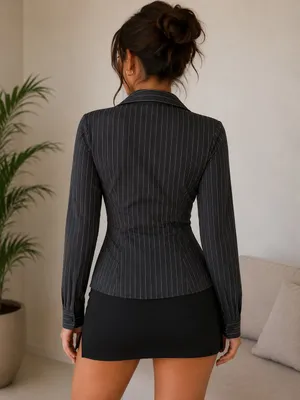 SHEIN Black Pinstripe Lace Trim Button-Up Blouse – Size Small thumbnail 2