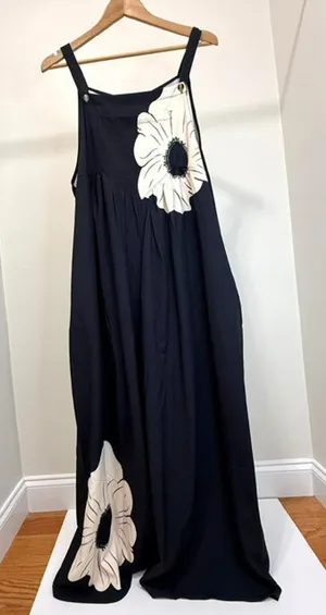 Oversized Minimalist Floral Overalls – Black with Cream Flowers SzXL (NWT) thumbnail 1