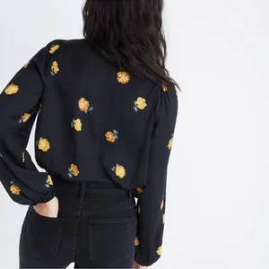 Madewell Bubble-Sleeve Black Wrap Top with Yellow Gold Floating Florets S thumbnail 3