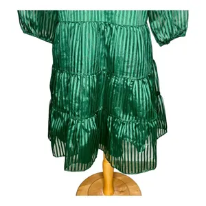 Crown & Ivy Tiered Mini Dress Womens Large‎ Green Striped Puff Sleeve Babydoll thumbnail 10