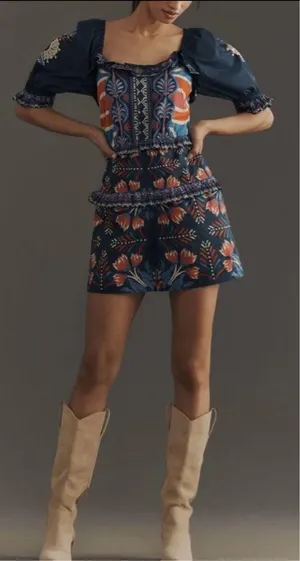 Farm Rio Puff-Sleeve Ruffled Floral Cotton Romper, Size S/M thumbnail 1