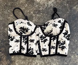 Lena Black Velvet Floral Cropped Bustier Top thumbnail 1