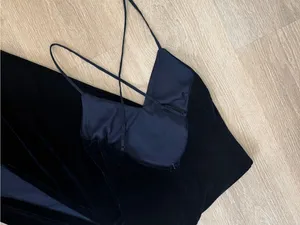 Bardot Navy Blue Velvet Midi Dress, Open Back Evening Dress with High Slit XS thumbnail 6