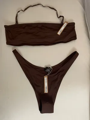 SKIMS 2Pc SET Bandeau Bikini Top & Cheeky Tanga Bottom Cocoa Brown Size XL thumbnail 1
