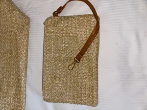 Tan And Brown Tote Bag…Both Faux Leather And Faux Straw “Paris/Milan”Design Nwts thumbnail 9