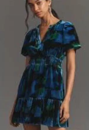 Anthropologie The Somerset Velvet‎ Mini Dress Blue Green Motif Small EUC thumbnail 1