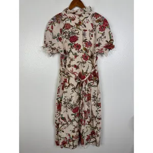 Pilcro Linen Blend Floral Bird Print Ruffle Midi Dress Puff Sleeve Cream Multi 4 thumbnail 2
