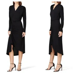 ATLEIN Black Long Sleeve Ruched Asymmetric‎ V Neck Midi Dress Size 6 Formal thumbnail 2