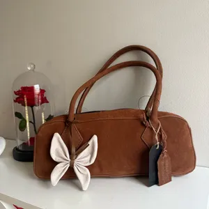 Brown genuine leather Suede Women's Bag with Bow Accent thumbnail 2