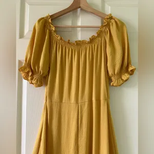 👗🌺Anthropologie Yellow Midi Dress M 6 8 Boho Cottagecore Puff Sleeve Ruffle Trim thumbnail 10