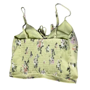 Abercrombie Women Cottage Floral Top XS Lime Green‎ Ruched Smocked Handkerchief thumbnail 2