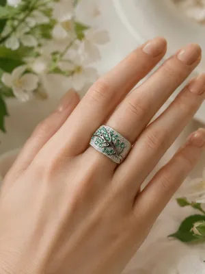 Emerald Tree of Life Silver Tone Statement Ring Size 6 NWT thumbnail 4