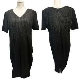 Vintage 80s Stenay Woman‎ Black Silk Beaded Sequin Cocktail Shift Dress Art Deco thumbnail 2