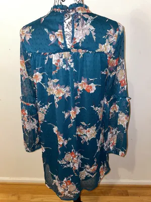 Japna Floral Boho Semi Sheer Mock Neck Bell Sleeve Peasant Dress Size Medium thumbnail 5
