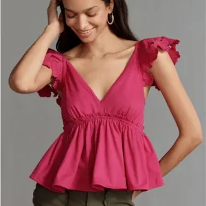 NWT Anthropologie Cotton Flutter Sleeve V Neck Babydoll Top size L thumbnail 1