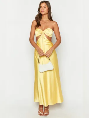 NWT Beginning Boutique Lili Yellow Satin Strapless Maxi Dress Womens Size 4‎ thumbnail 6