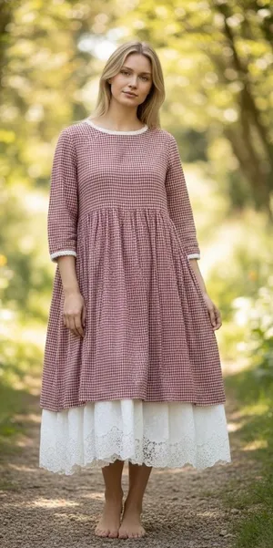 Red Gingham Long Dress with Lace Hem, put to pit 20", length 44" thumbnail 1