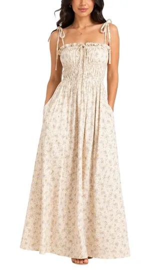 In Loom Floral Smocked Maxi Dress Tie Strap Cottagecore Tuckerknuck Style S thumbnail 1