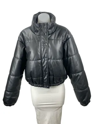 Le Lis Black Faux Vegan Leather Quilted Long Sleeve Crop Puffer Coat Jacket Sz L thumbnail 1