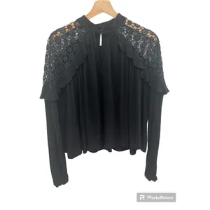 Free People Little Bit of Love Black Crochet Lace Ruffle Blouse Small thumbnail 4