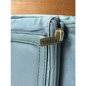 Vtg Fossil Patchwork Soft Leather Teal Wallet Snap‎ Close Zipper Colorblock-Read thumbnail 7