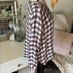 Ann Taylor loft white navy maroon plaid long sleeve boxy sheer blouse top M​​ thumbnail 7