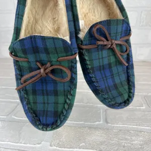 J Crew Slippers Womens 8 Green Blue Plaid Faux Shearling Fur Lining Moccasin thumbnail 12