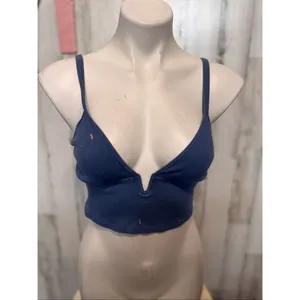 Blue Ribbed Lace Back Bralette Crop Top Medium Blue thumbnail 2