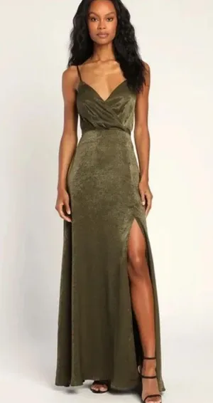 Lulus Constantine Olive Green Satin Maxi Dress thumbnail 1