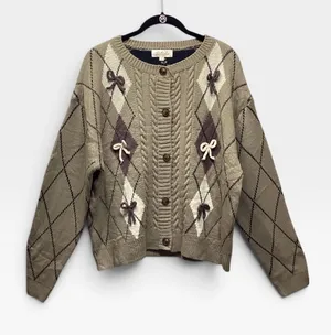 Listicle Boutique Taupe Argyle button front sweater with dimensional bows Size L thumbnail 1