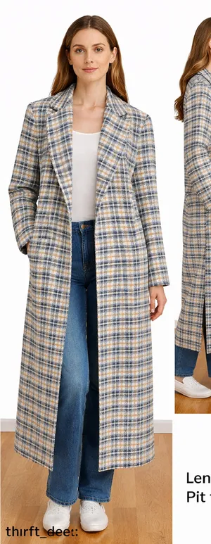 Code x Mode Houndstooth Trench Coat Womens Medium Cream Blue Open Front No Belt thumbnail 1