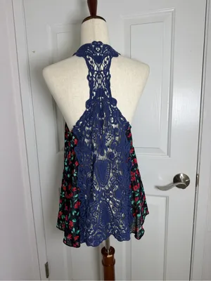 Free People Blue Izzy Lace Crochet Racerback Floral Cropped‎ Tank thumbnail 4