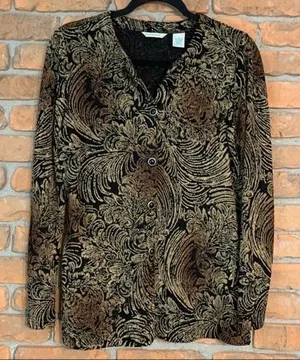 Laura Ashley Jacquard Feather Print Button Down Knit Blouse Black Gold - Size‎ S thumbnail 1