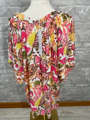 Jane and Delancey Tropical Button-Front Tunic in Pink, Yellow and Green thumbnail 4