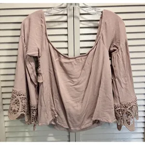 Southern Fried Chics Pink Crochet Off Shoulder Bell Sleeves Blouse Size L Boho thumbnail 5