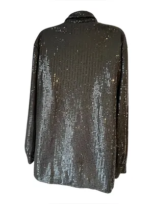 Woman's Large Black Sequin Button Down Shirt Jacket Long Sleeve Sparkle Party thumbnail 2