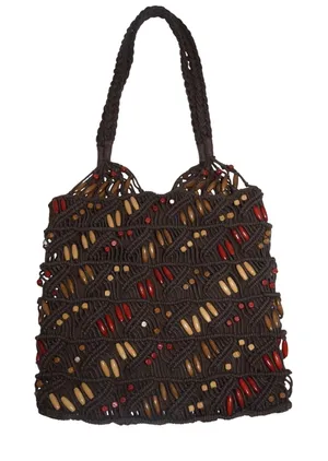 Macrame Purse Tote Bag Womens Medium Brown EUC Beaded Boho‎ Shoulder thumbnail 1