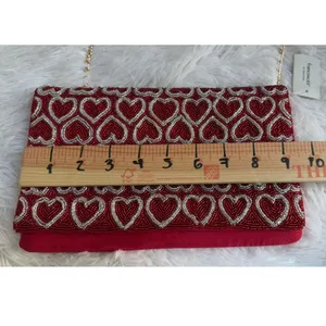 Francesca Red Beaded Heart Clutch Evening Bag Gold Chain Shoulder Strap NWT thumbnail 7