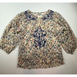 World Market Floral Embroidered Peasant Blouse Cream Blue‎ Pink S/M Smocked Top thumbnail 1