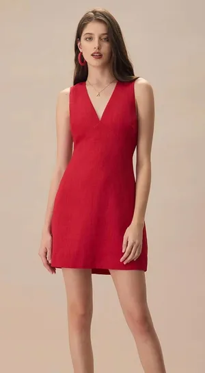 RIHOAS The Red V Neck Sleeveless Linen Mini Dress S 48 thumbnail 1