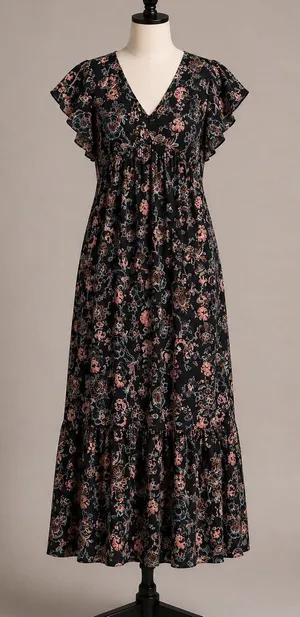 Universal Threads Floral Smocked Tiered Maxi Dress Black Pink Blue Cottagecore XS thumbnail 1
