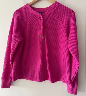 Old Navy Hot Pink Waffle Knit Henley Long Sleeve‎ Sweater thumbnail 1