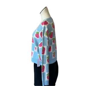 NWT Luna Ivy X Anthropologie Blue Checkered Strawberry Pullover Sweater Farm M thumbnail 4
