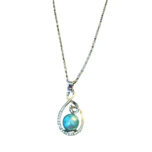 Blue Faux Tahitian Pearl Diamond Silver Necklace 20" thumbnail 4